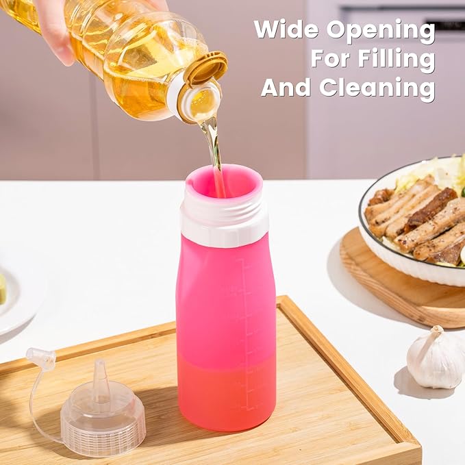 Condiment Squeeze Bottles, 16 oz Silicone Squeeze Bottles For Sauces, Leak Proof Condiment Containers with Extra Interchangeable lid, Easy Squeeze for Oil, Honey & Dressings, BPA FREE (4 Pack)