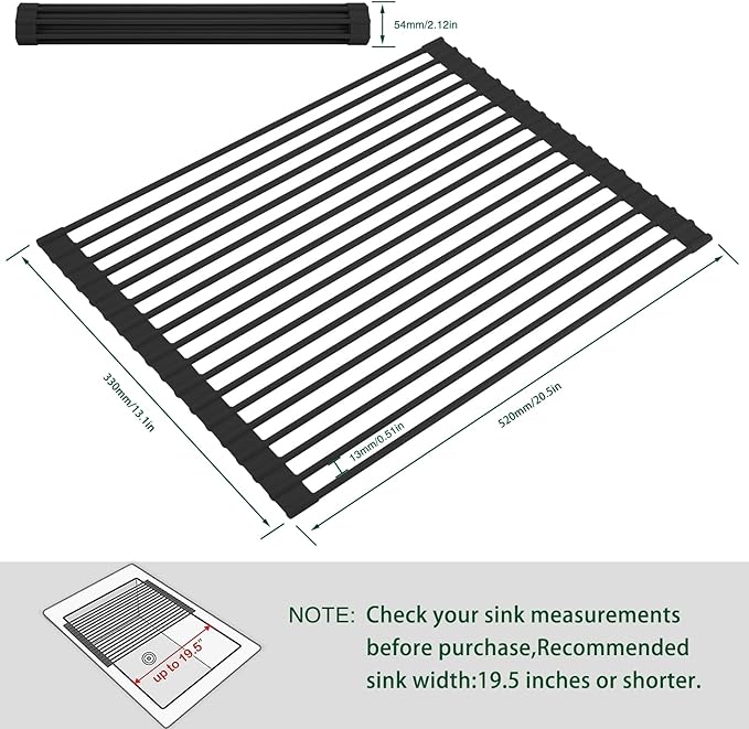 Roll Up Dish Drying Rack Over The Sink Kitchen Roll Up Sink Drying Rack Multipurpose Foldable Sin Drying Mat, Heat-Resistant, Anti-Slip & Anti-Rust Dish Rack for Kitchen, 20.5" x 13", Black