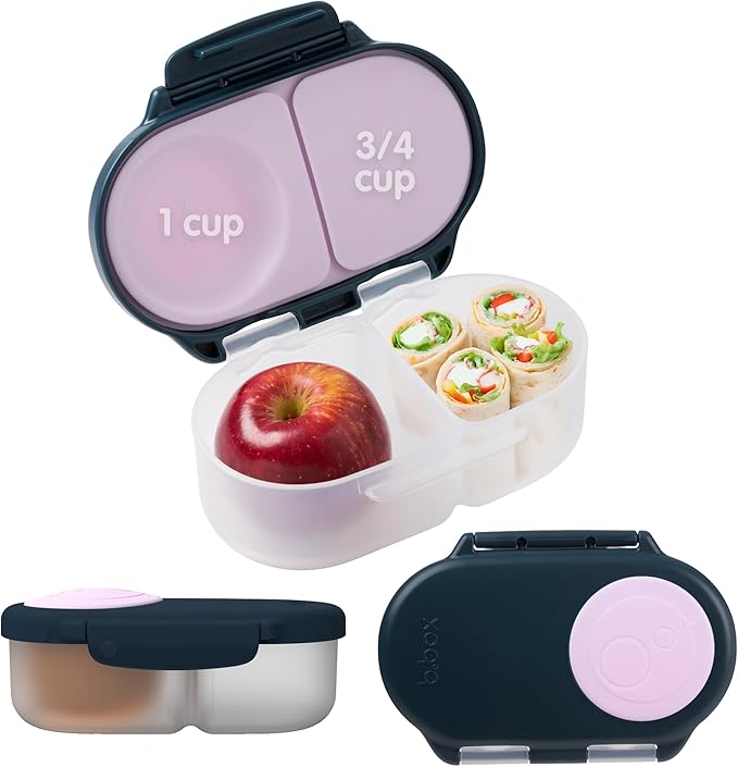 b.box Snack Box Reusable Snack Containers with Lids 2 compartments, Bento Box for kids and toddlers, Leakproof Lunch Box, BPA free and Dishwasher Safe Snack Container (Indigo Rose, 1 3/4 Cup)