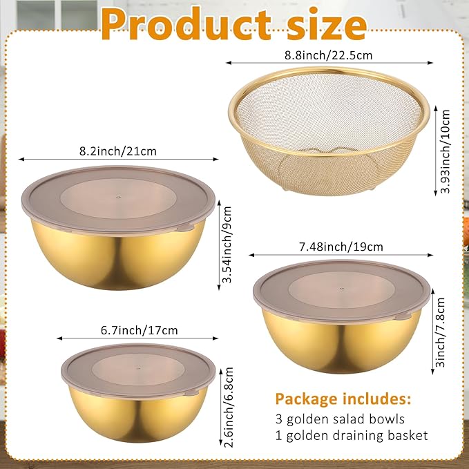 Gold Mixing Bowls with Airtight Lids Stainless Steel Mixing Bowl Set of 3 Metal Nesting Organizers and 1 Colander Non-slip Bottom for Baking Serving Food Size 2.22, 1.27,0.74 QT, Stackable