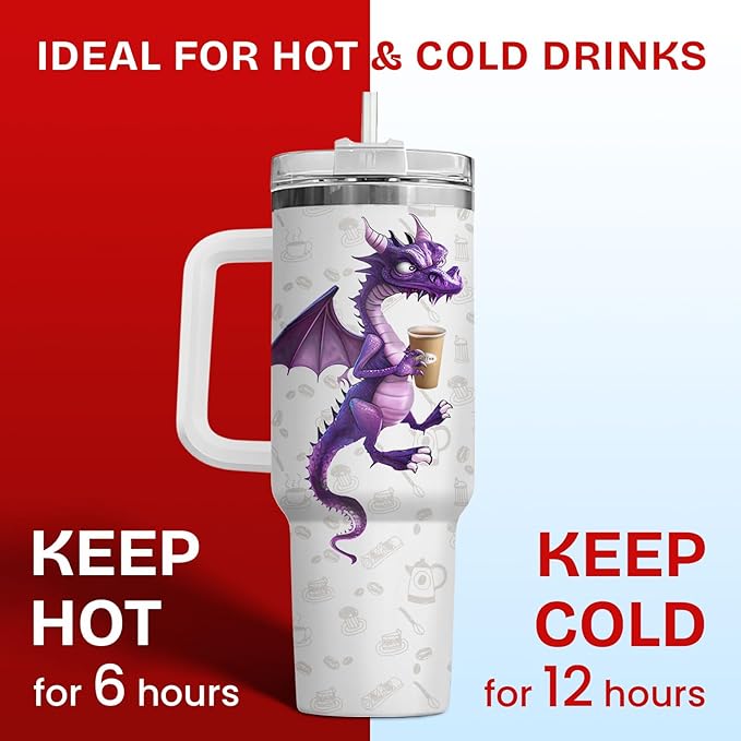 34HD Purple Dragon Tumbler with Handle & Straw, 40oz Stainless Steel Vacuum Insulated My Four Moods Coffee Mug, Dragon Gifts for Men Women Best Friend, Funny Birthday Gift Ideas