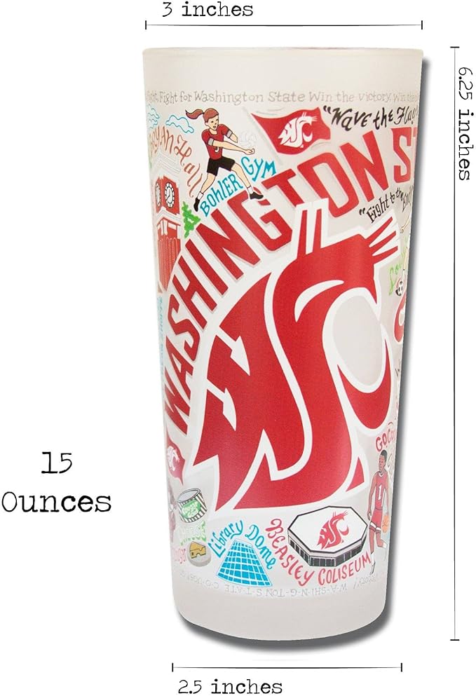 Catstudio Drinking Glass, Washington State University Glass Cup for Kitchen, 15oz Dishwasher Safe Tumbler for WSU Alumni