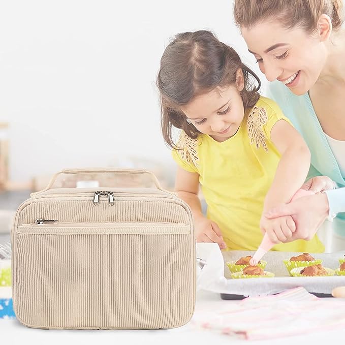 Bluboon Kids Girls Lunch Bag Insulated Lunch Box for school Corduroy Lunch Cooler Organizer School Kids Lunch Tote (Corduroy-White)