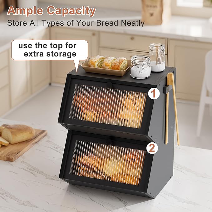 WOWLIVE Double Layer Bread Box for Kitchen Countertop, Large Bamboo Bread Storage Container for Homemade Bread, Farmhouse Bread Holder for Kitchen Counter Cabinet, Pantry, Cupboard (Black, Medium)