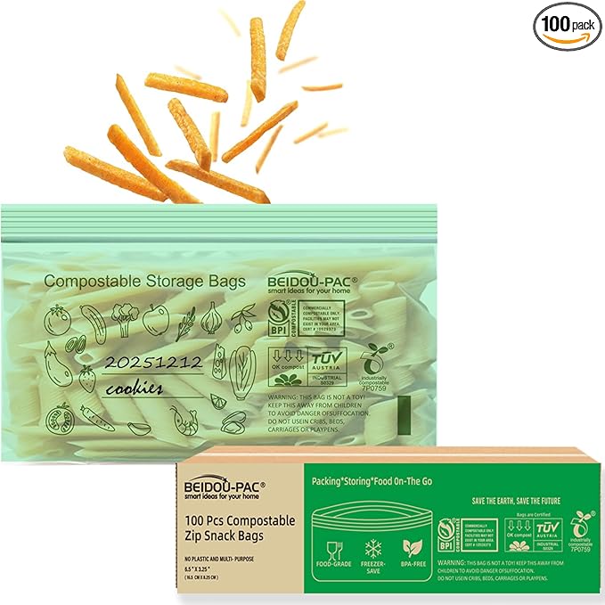 Compostable Snack Storage Zip Bags, 100 Count | 2 Mil | 6.5 IN x 3.25 IN, Freshness Easy Open Biodegradable Eco-Friendly Reclosable Compost Zipper Bags for Food On the Go