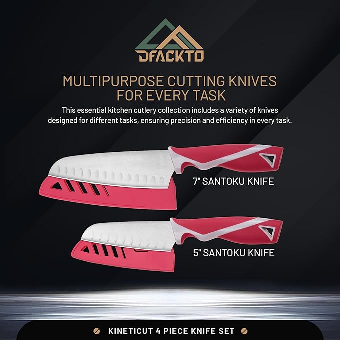 DFACKTO 2-PC Santoku Knife Set – Stainless Steel Kitchen Cooking Knives w/Protective Covers, Dishwasher Safe, No Block, Sharp Chef Cutlery for Chopping, Cutting, Slicing Meat & Vegetables - Magenta