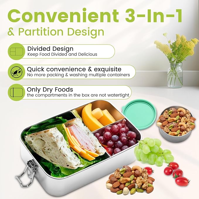 Stainless Steel Bento Lunch Box 1500ML,3 Compartment Metal Bento Lunch Boxes with 100ml Leak-proof Condiment Container,Metal Food Storage for Work Adults