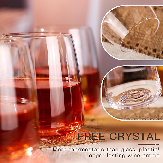Stemless Wine Glasses Set of 4-15 oz Clear-Modern Hand-Blown Wine Glasses, European Design Crystal Glass For Red & White Wine, Unique Gifts for Wedding, Birthday,Christmas
