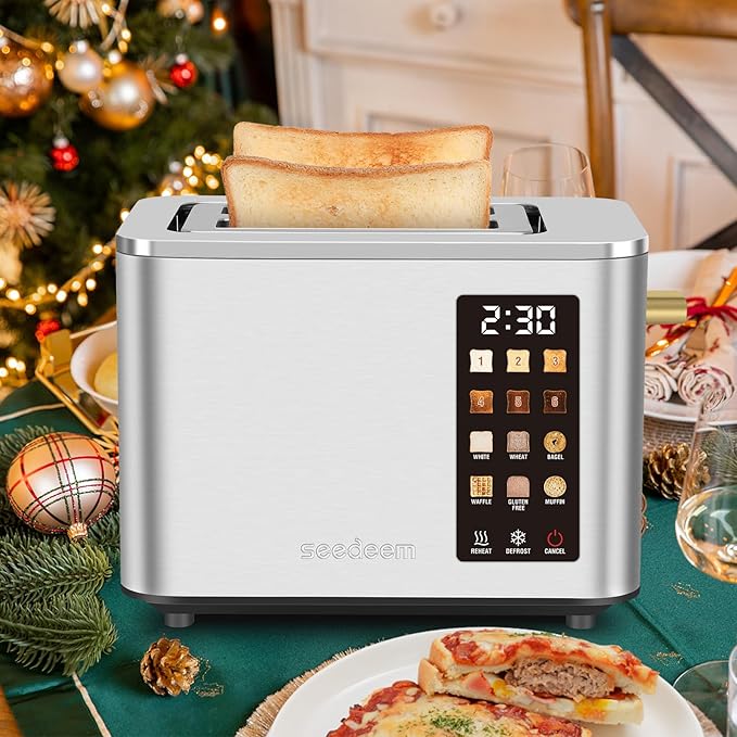SEEDEEM Toaster 2 Slice, Touch Control Screen, Smart Stainless Toaster, 6 Shade Setting, 6 Bread Selection, Countdown, Removable Crumb Tray, 900W, Silver Metallic
