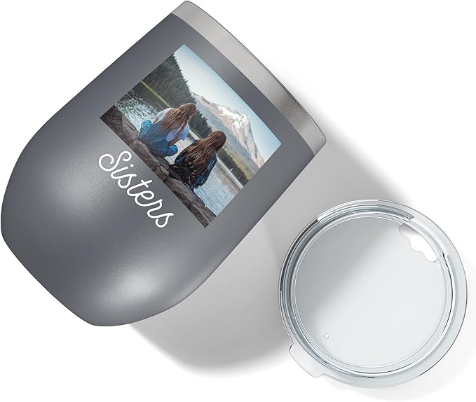 Personalized 12oz (17 Colors) Mother's Day Photo Picture Printed Insulated Stainless Steel Powder Coated Stemless Wine Tumbler with Lid, Customized Gift Idea for Her, Coach Gifts Team Mom Dad (Gray)