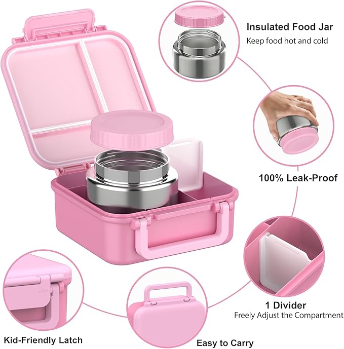 Bento Box for Kids with Soup Thermos(9oz)– Kid Bento Lunch Box with Leak Proof Insulated Food Jar, Hot & Cold Lunch Container Set for School Girls Boys, 4-Compartments, Dishwasher Safe, Pink