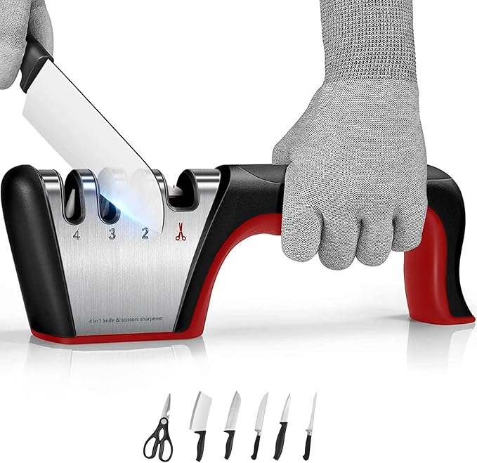 4-in-1 knife sharpener [4 stages], original quality polishing blade, the best kitchen tool for paring knives, steel knives and scissors - including a pair of anti-cutting gloves