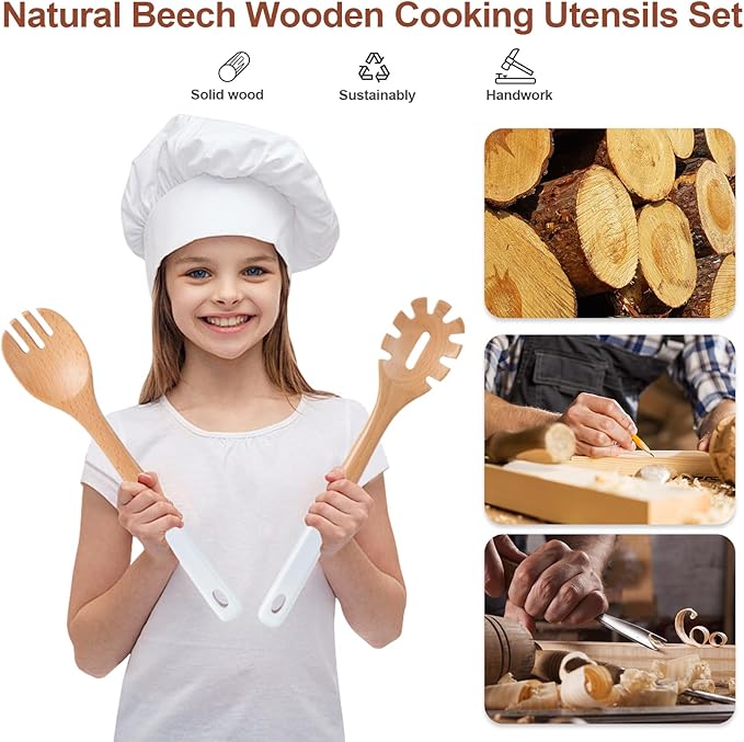 Wooden Spoons For Cooking, 6 PCS Natural Beech Wooden Cooking Utensils, Smooth Grip Wood Cooking Spoons with Hanging Hole, Non-Stick Wooden Utensil Set for Kitchen Essentials, White