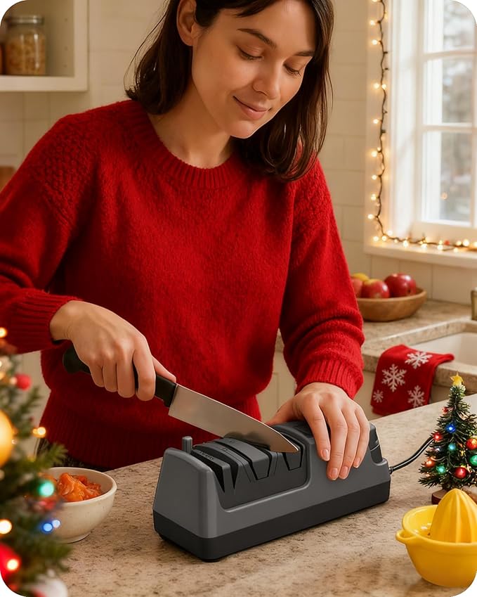 Electric Knife Sharpener, 5-in-1, 3 Rotational Speed Adjustable Electric Knife Sharpener for Straight/Serrated/Ceramic Knives, Scissors, Chef Knives, Axes, Grey H01KS06