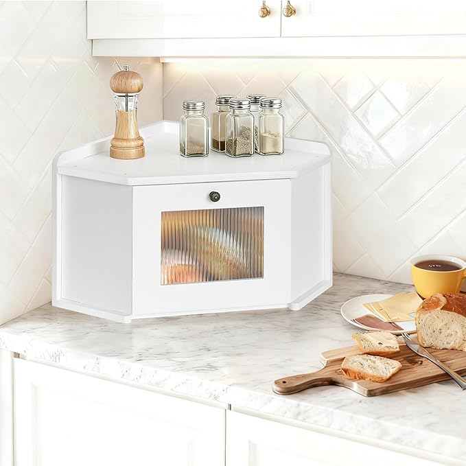 Corner Bread Box for Kitchen Countertop, Wooden Bread Storage for Homemade Bread, Rustic Breadbox with Acrylic Wavy Door, Bread Container for Kitchen Counter Cabinet, Pantry, Cupboard