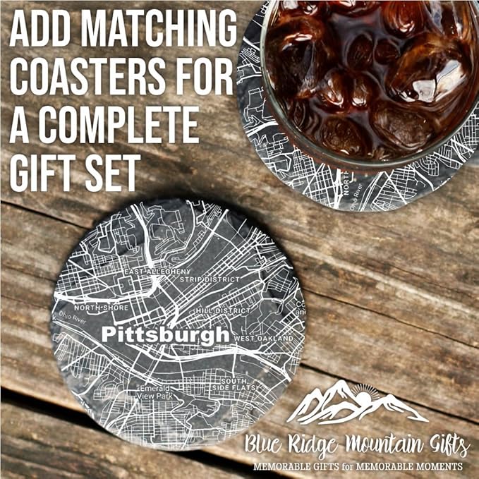 Blue Ridge Mountain Gifts - Pittsburgh Souvenir - Pennsylvania Glassware Gift, Etched City Map, Laser Engraved and Dishwasher Safe