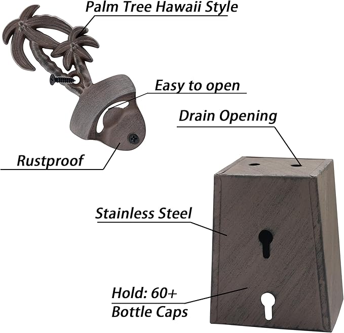 Rustic Bottle Opener Wall Mounted Palm Tree Stainless Vintage Mountable Beer Soda Top Opener with Cap Catcher Drained Outdoor for Gift (Brown)