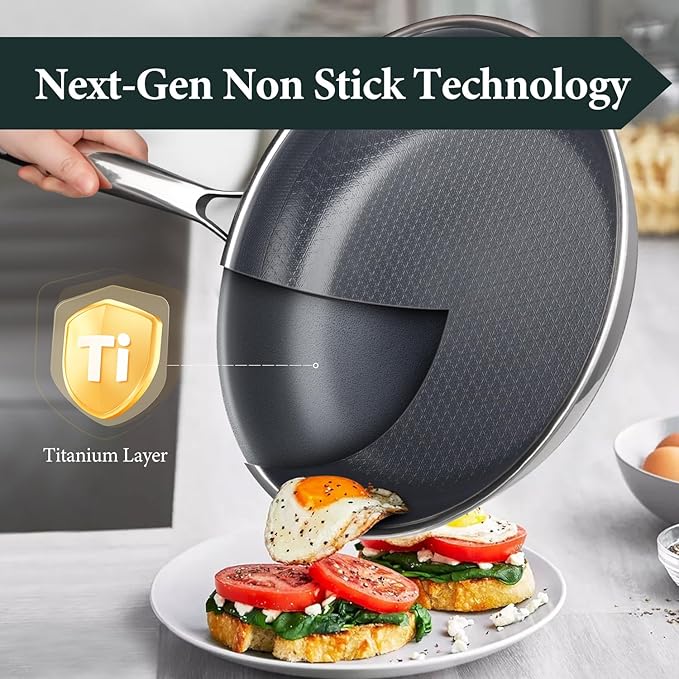 Non Stick 12-Inch Pan, Titanium Hybrid Pan with Lid, Stay-Cool Handle, Professional Frying Pan, Dishwasher Friendly, Oven Safe, Compatible with All Cooktop