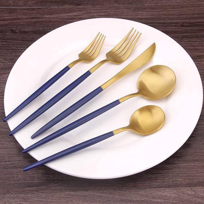 Matte Gold Silverware Set with blue handle, Bysta 20-Piece Stainless Steel Flatware Set, Kitchen Utensil Set Service for 4, Tableware Cutlery Set for Home and Restaurant, Satin Finish, Dishwasher Safe