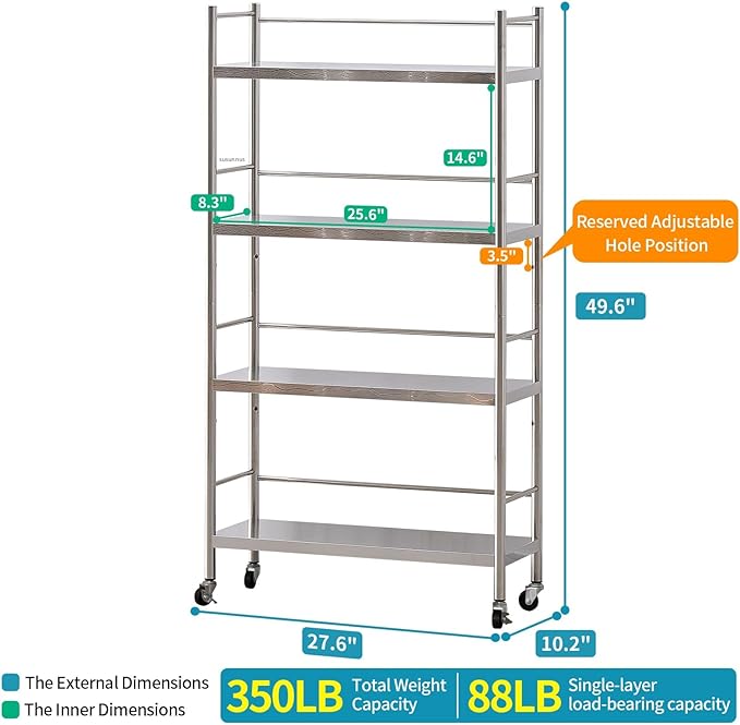 susunnus Stainless Steel Shelf,Shelves for Storage,Metal Shelf,Kitchen Garage Shelves, with Wheels,Rolling Shelves,Adjustable Height,Weight Capacity 350LB (27.6in*10.2in-4T with guardrails)