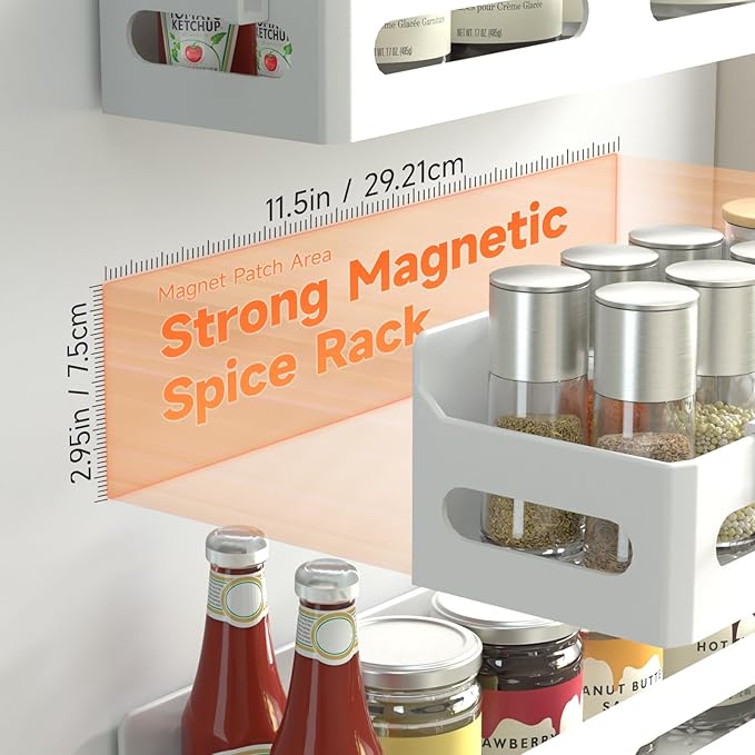 4 Pack Magnetic Spice Rack for Refrigerator, Spice Rack Organizer, Moveable Magnetic Shelf Fridge Organizer with 4 Hooks for Kitchen and Oven Organization, White