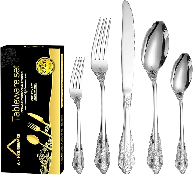 Antique Silverware Set for 8 Silvery Royal Flatware Stainless Steel 40 Pieces Eating Utensils Vintage Fork Knife Spoon Luxury Home Kitchen Restaurant Festival Parties