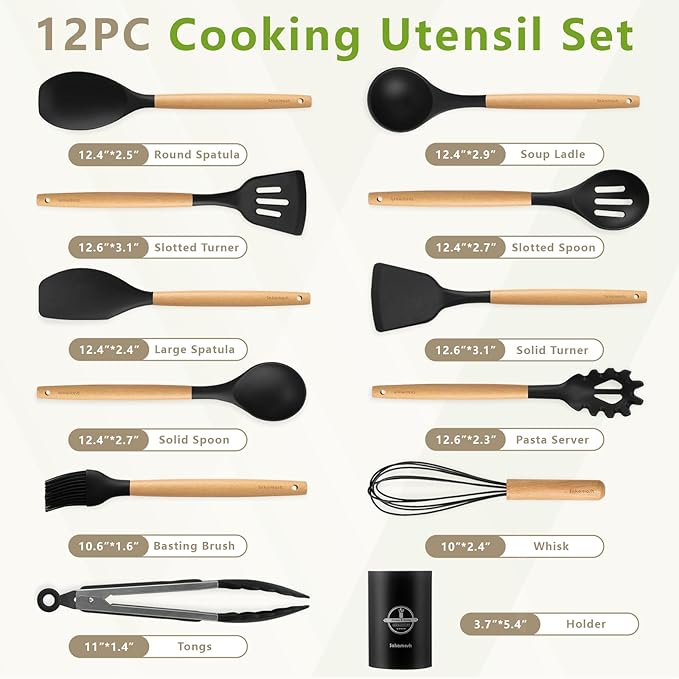 Silicone Cooking Utensils Set with Holder, 12 Pcs Heat Resistant Kitchen Utensils Set with Wooden Handle, BPA-free Spatula, Tongs, Spoons Set for Nonstick Cookware, Black