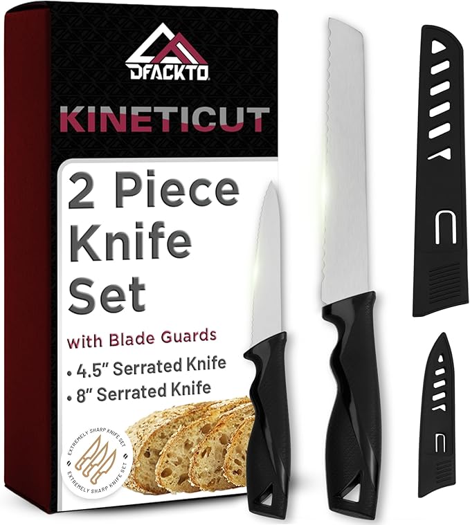DFACKTO 2-Piece Serrated Knife Set – Stainless Steel Kitchen Cooking Knives w/Protective Covers, Dishwasher Safe, No Block, Sharp Cutlery for Slicing Bread, Cooking Fruit & Steak w/Sheath - Black