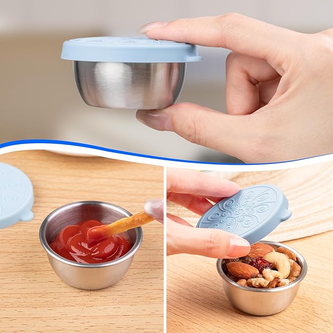 8-Pack Salad Dressing Container To Go, 1-oz Silicone Small Condiment Squeeze Bottles and 1.6 oz Stainless Steel Sauce Containers Cups, Leakproof Condiment Containers with Lids for Lunch Box