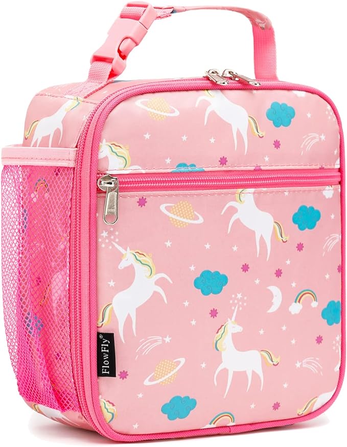 FlowFly Kids Lunch box Insulated Soft Bag Mini Cooler Back to School Thermal Meal Tote Kit for Girls, Boys, Unicorn