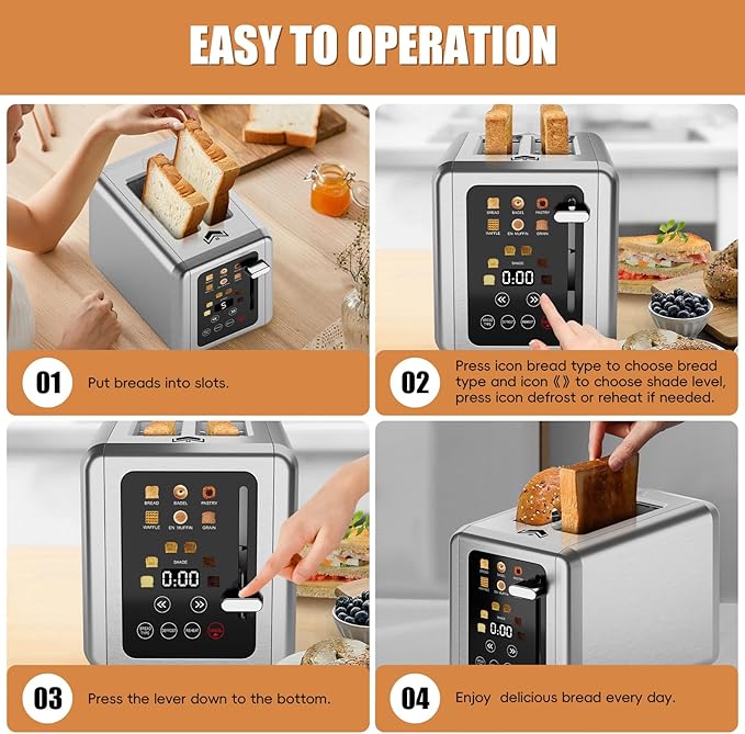 2 Slice Toaster,Touchscreen & Dual Independent Control Panel,5 Basic Functions & Digital Countdown Toasters,6 Shade Settings＆6 Bread Types,Smart Bread Maker Mute/Screen-Off,Silver