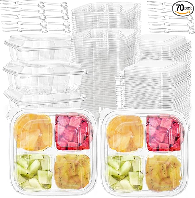 70 Pack Clear Bento Boxes 4 Compartment, Reusable Lunch Snack Containers with Lid, Food Storage Meal Prep Divided Containers with 200 pcs Fork for Camping, Lunch, Work, Travel