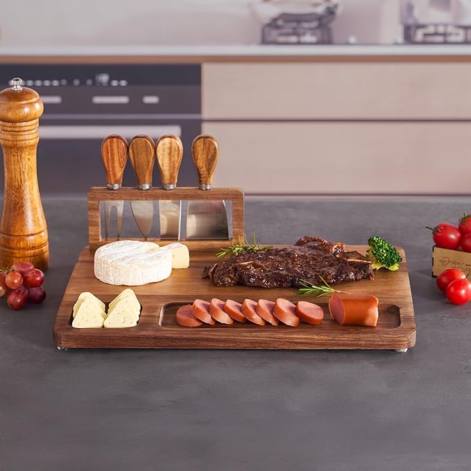Acacia Wood Charcuterie Board, Cheese Board Set with Magnetic Knife Holder, 14"x 11" Large Serving Tray for Meat and Cheese, Ideal Gift for Anniversary, Christmas, Thanksgiving, Wedding, Halloween