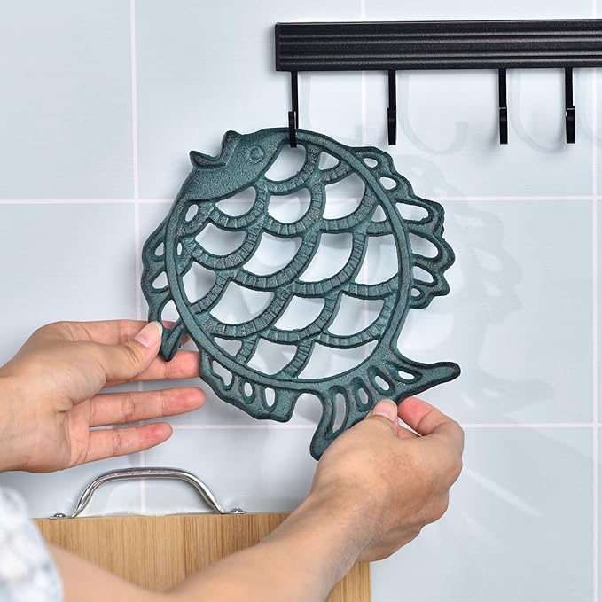 Sungmor Cast Iron Cute Fish Trivet for Wood Stove - Dia-7.5 Inch Dark Green Finish - Rustproof Round Stands for Hot Pots/Dishes/Pans - Decorative Metal Table Trivet for Kitchen Cooking