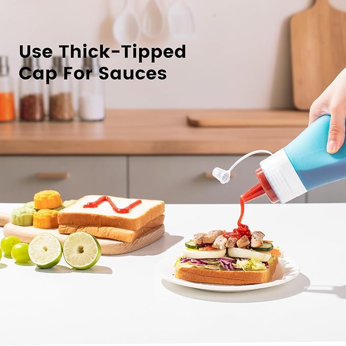 Condiment Squeeze Bottles, 16 oz Silicone Squeeze Bottles For Sauces, Leak Proof Condiment Containers with Extra Interchangeable lid, Easy Squeeze for Oil, Honey & Dressings, BPA FREE (4 Pack)