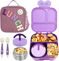 Lunch Box with Bento Box with 4 Compartment, with Leak Proof Thermo Food Jar, Preppy Corduroy Insulated Lunch Bag for Womens Girl Kids Teens School Travel Picnic (Purple)