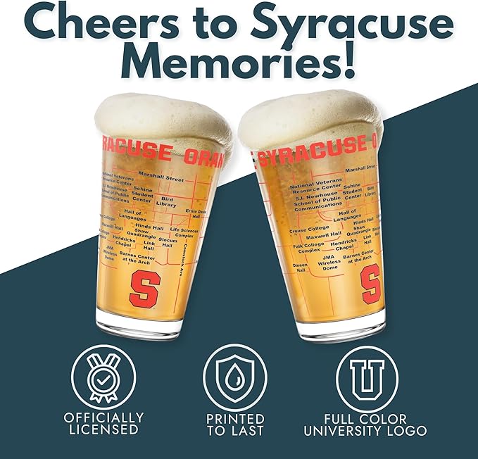 Greenline Goods – University of Syracuse Orange College Pint Beer Glasses (Set of 2), 16 oz – Full-Color Logo + Campus Map