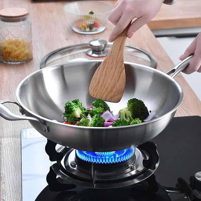 LOLYKITCH 12 Inch Tri-Ply Stainless Steel Wok Pan with Lid, Stir-Frying Pan,Induction Cooking Pan,Dishwasher and Oven Safe,Heavy Duty and Detachable Handle.