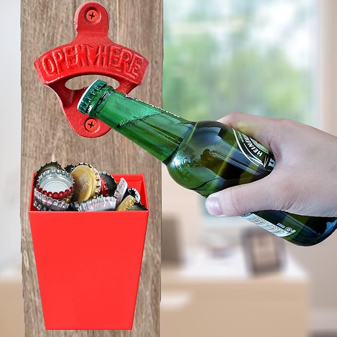 Red Cast Iron Beer Bottle Cap Opener Wall Mounted Soda Opener with Cap Catcher Bucket Narrow Bundle