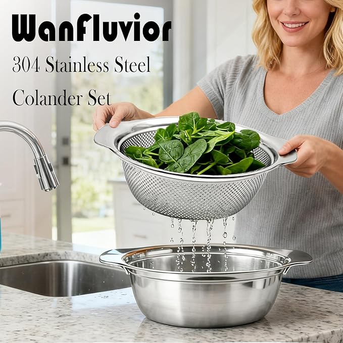 2PCS 3.5-Quart Kitchen Strainer Colander Made of 304 Stainless Steel with Handle Ideal for washing fruits, vegetables, and pasta Easy to clean