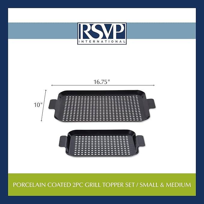 RSVP International Porcelain Coated Steel BBQ Grill Tray/Pan, Outdoor Barbeque Grilling Accessories for Cooking Fish & Vegetables, Dishwasher Safe, Small, 13x7.25/Medium, 16.75x10