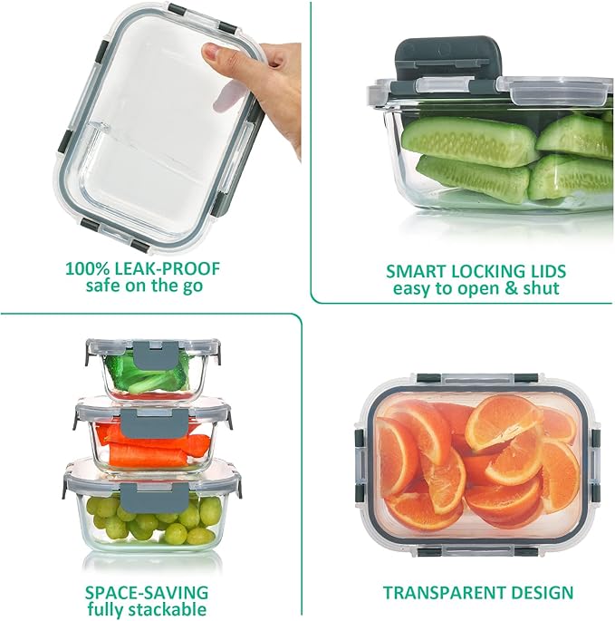 KOMUEE 24 Pieces Glass Food Storage Containers Set,Meal Prep Containers-Stackable Airtight Glass Storage Containers with lids,Freezer, Microwave, Oven Safe,Gray