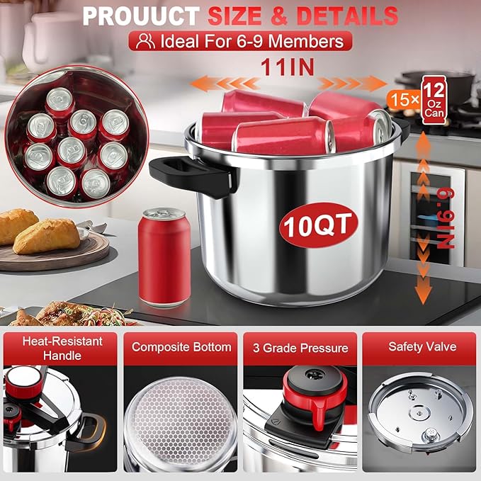 3-In-1 304 Stainless Steel Pressure Cooker 10 QT: [Explosion-Proof] [3 PSI Settings], One-Hand Locking, Induction Compatible, Glass Lid & Steamer Rack Included, Olla de Presion