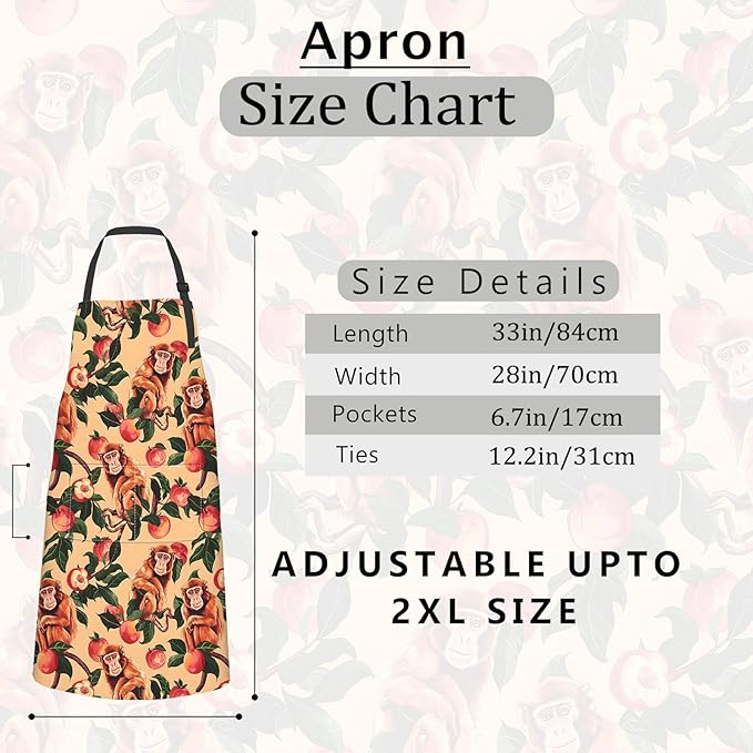 Peach Monkey Apron,Oxford Fabric Adjustable Kitchen Apron with 2 Pockets,Waterproof Cooking Aprons for Men Women Mom Wife Dad,Ideal Gifts for Coffee House,Shop,Baking,BBQ,Housewarming,28x33in
