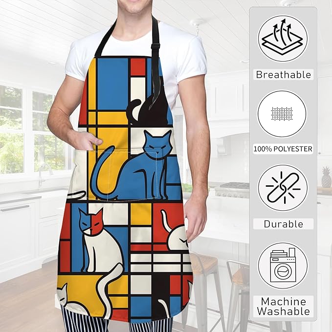 Art Cat Apron,Oxford Fabric Adjustable Kitchen Apron with 2 Pockets,Waterproof Cooking Aprons for Men Women Mom Wife Dad,Ideal Gifts for Coffee House,Shop,Baking,BBQ,Housewarming,28x33in