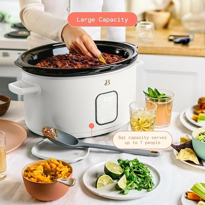 Beautiful 6 Qt Programmable Slow Cooker with Touch Control, Digital Timer and Keep Warm Function – Large Electric pot Capacity Kitchen Appliance by Drew-Barrymore (White Icing)