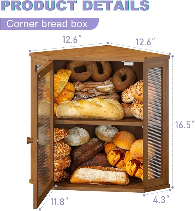 Corner Bread box for Kitchen Countertop,Farmhouse Bread Box with Acrylic Wavy Door Panel,Large Bread box for kitchen countertop,Kitchen Countertop Food Storage Container (Brown, Extra Large)
