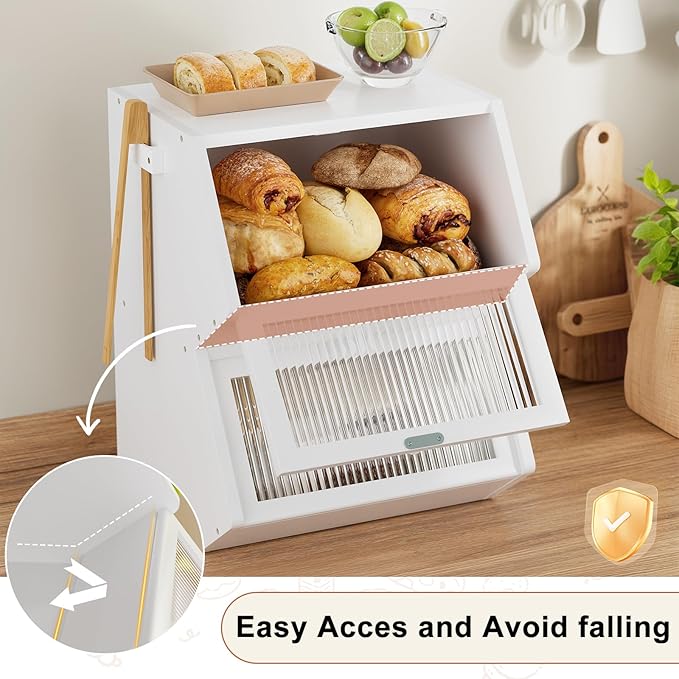 WOWLIVE Double Layer Bread Box for Kitchen Countertop, Large Bamboo Bread Storage Container for Homemade Bread, Farmhouse Bread Holder for Kitchen Counter Cabinet, Pantry, Cupboard (White, Medium)
