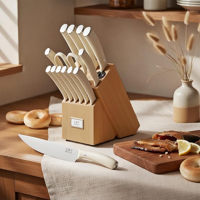 Premium Sharp Knife Set High Carbon Stainless Steel Forged Sharp Knives Set for Kitchen Rivet Ergonomic Handle Hundreds of Years of Masterful Craftsmanship(Ivory,15PCS)