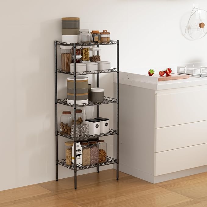 5-Shelf Storage Shelves Metal Shelving Unit NSF Garage Storage Rack Adjustable Wire Shelves Organizer for Kitchen Closet Basement, 750 Lbs Capacity, 16.7" L × 11.8" W × 47.6" H, Black